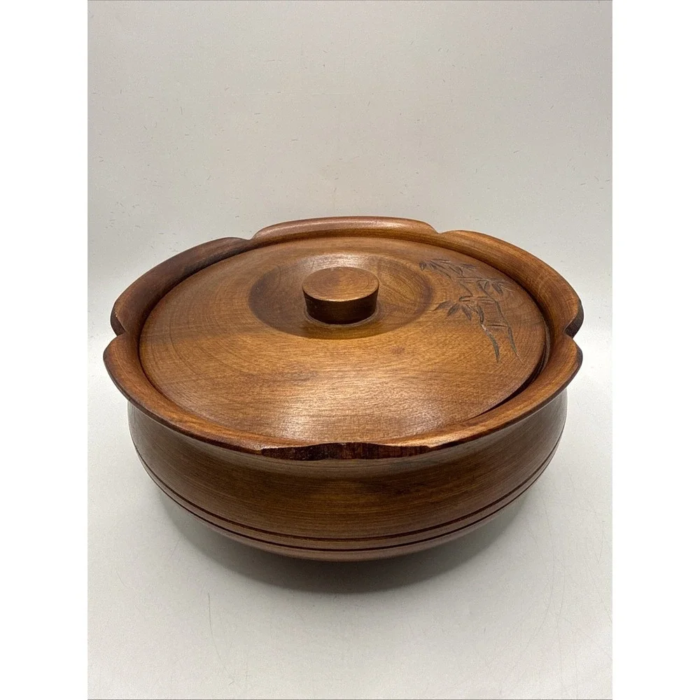 Vintage Hand Carved Wooden Bowl Bamboo Carving With Lid Lacquered Interior 7